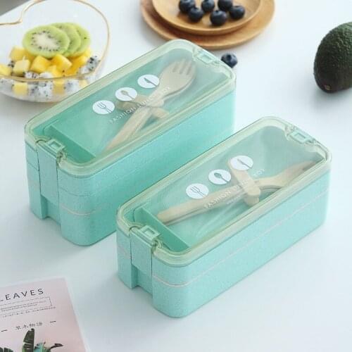 1100 Ml Three-Layer Container with Tableware Sealed Lunch Box Anti-Side-Exposing Wheat Straw Material Environment-Friendly