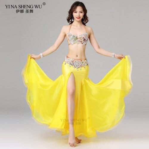 Women Egyptian Belly Dance Clothes Women Beaded Outfit Cup 34B/36B/38B Oriental Belly Dance Costume Set Bra Belt Skirt Yellow