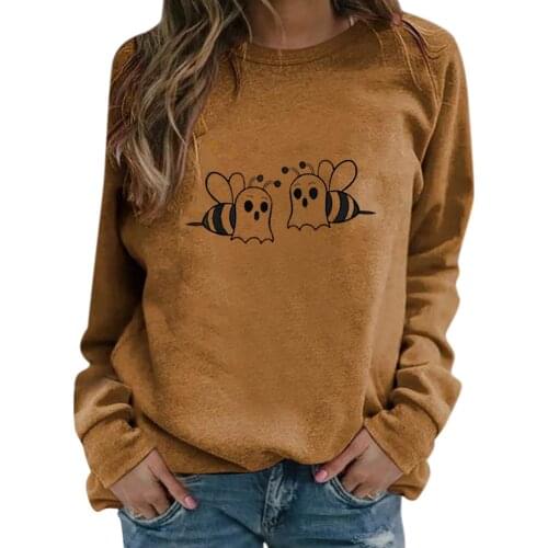 Long Sleeve Autumn Women Long Sleeve T Shirt Casual O Neck Ghost Two Bees Animal Print Halloween T-shirts Oversized Tops Tees