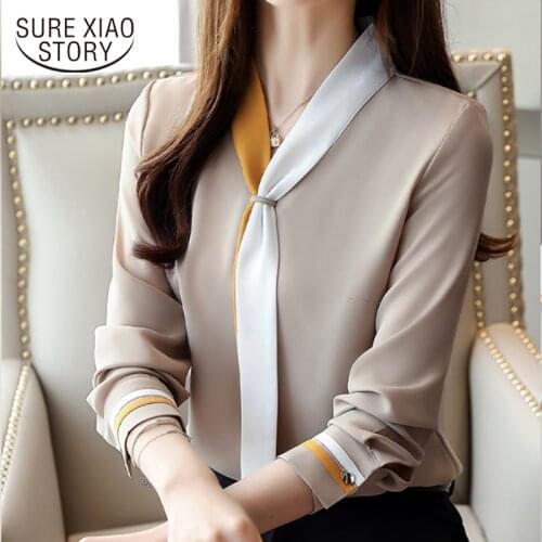 Women Tops and Blouse Vintage Elegant Tie Spring Clothing Solid Loose Long Sleeve Blusas Mujer De Moda 2021 Chiffon Tops 7188 50