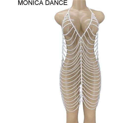 Women White Pink Beaded Chains Hollow Short Dress Nightclub DJ Bar Dancer Singer Evening Outfit Birthday Prom Backless Dress