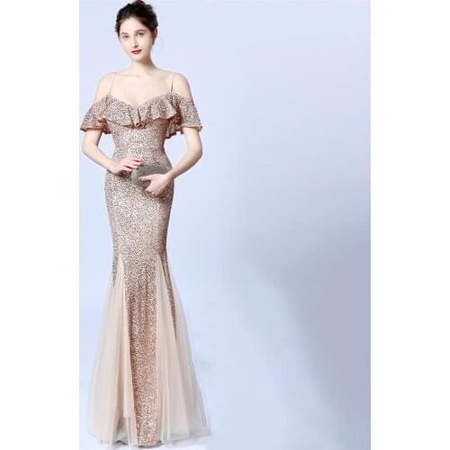 Camisole Evening dress Lotus leaf Formal Dress For Women Long Robe De Soriee Sequins Prom Mermaid Party Dress