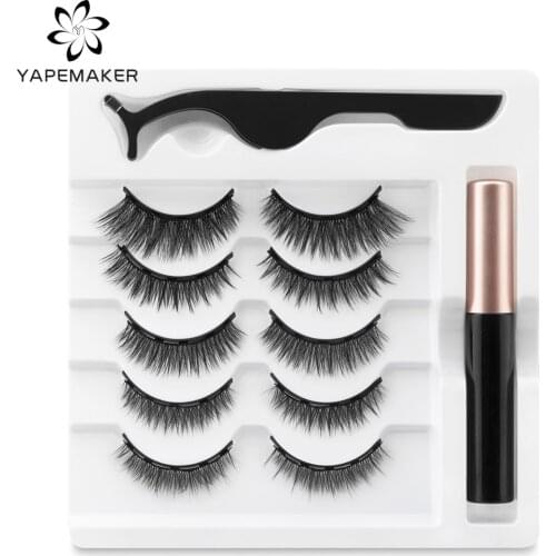 YAPEMAKER 5 Pairs Magnetic Eyelashes False Lashes Repeated Use Eyelashes Waterproof Liquid Eyeliner With Tweezer Makeup Set