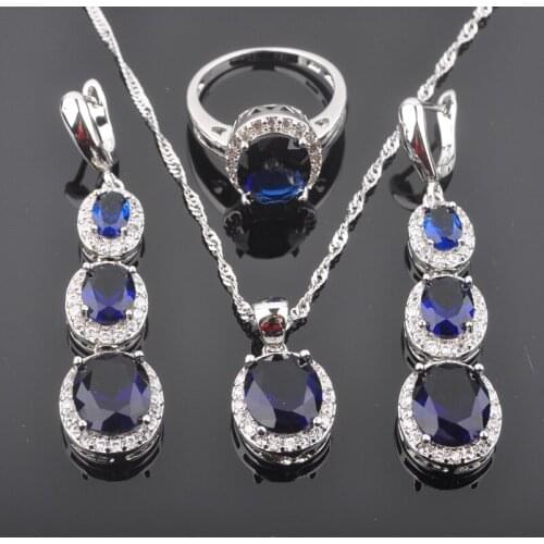 2021 New Classic Blue Zirconia Womens Silver Plated Jewelry Sets Earrings Pendant Necklace Rings QZ0119