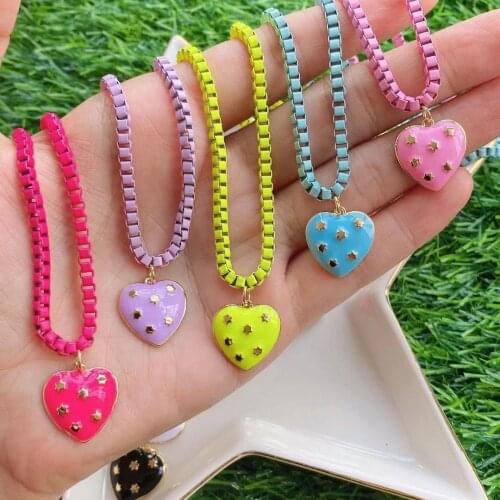 5PCS, Enamel Heart Pendant Necklace For Womens Jewelry 3mm Enamel Chains Choker Necklaces Vintage Chains