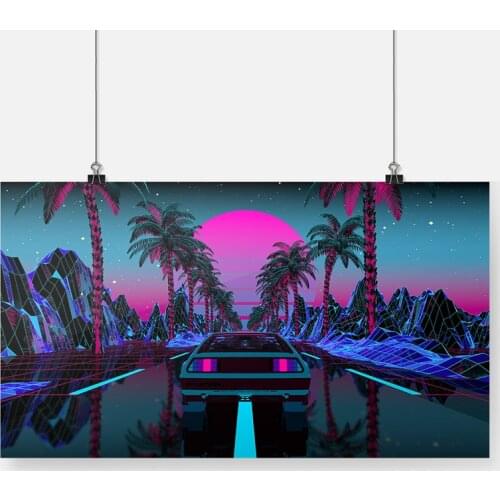 Car night scenery retrowave palm trees Poster Framed Wooden Frame Canvas Painting Wall Art Decor Study Home Decoration Prints