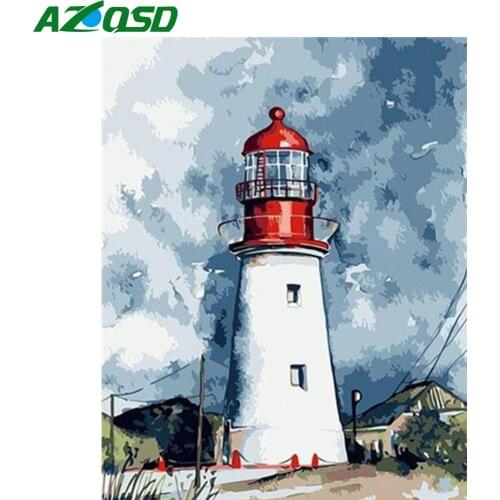 AZQSD 40X50cm Paint By Number Canvas Painting Kits Lighthouse DIY Needlework Acrylic Oil Paint By Number Scenery Home Decoration