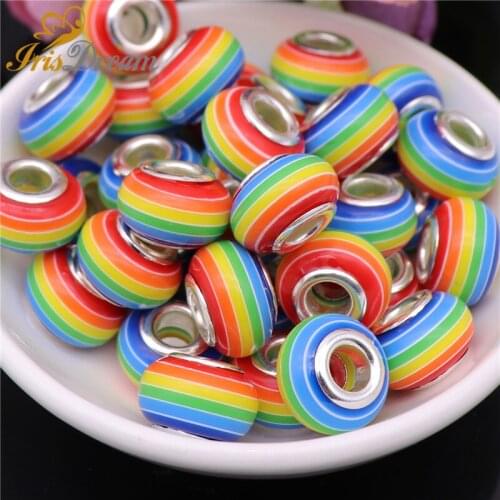 50pcs Wholesale Lots Bulk Rainbow Stripe Plastic Beads for Jewelry Making Bead fit Pandora Bracelet Round Original DIY Chain