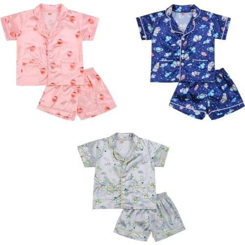 Boy Girl Summer Pajamas Sets Cartoon Pattern Cute 2PCS Lapel Collar Short Sleeve Tops+Short Pants Casual Pyjamas Kids 1-6 Years