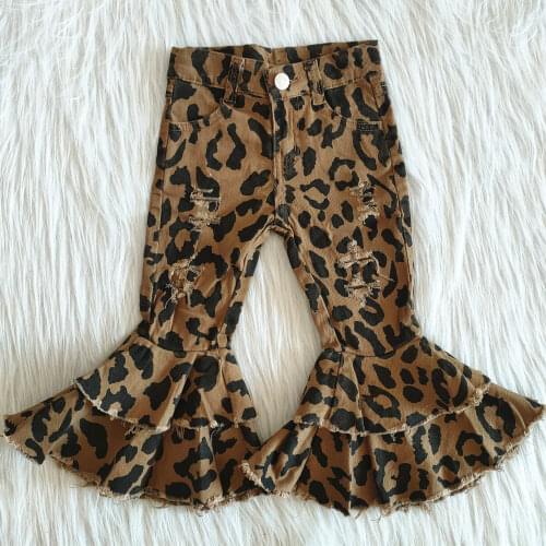 New Arrival Double Flares Bell Bottom Leopard Pants Jeans Adjustable Belt with Button