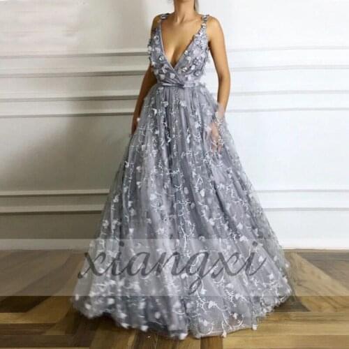 New arrivals V-neck gray lace evening dress 2020 Robe de soiree Dubai Arabic evening dress dress