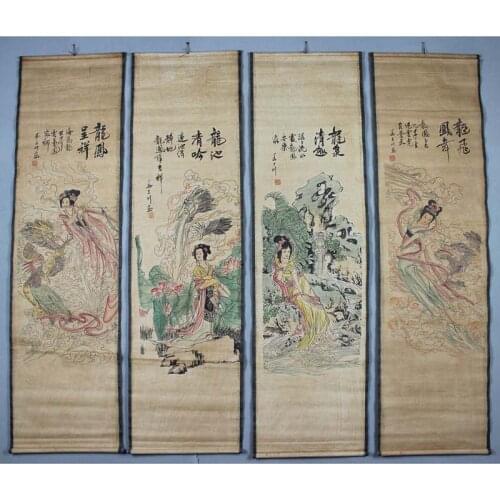 Landscape paintings of people sitting room hangs a picture four screen Dragon female figure