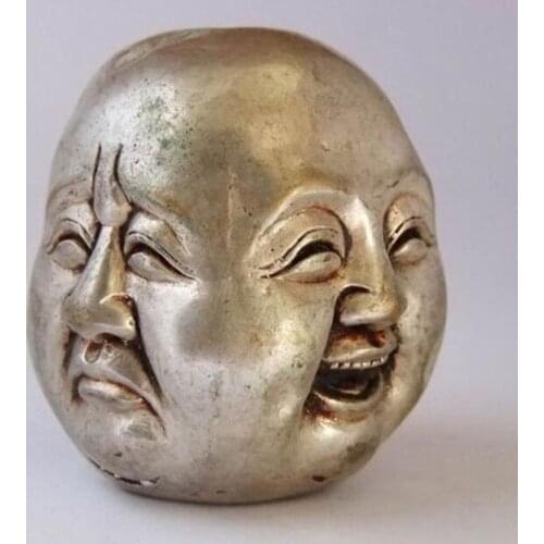 Old Chinese Vintage Chinas old white silver 5CM lucky four face Buddha statues carved head Tibetan Silver Bronze decoration wig