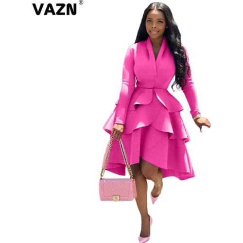VAZN High Street Chic Ladies Slim Elegant Night Club Sexy Slim Young Dress 2020 Full Sleeve Turn Down Collar Lady Dress