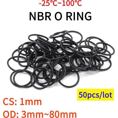 50pc NBR O Ring Seal Gasket Thickness CS 1mm OD 3~80mm Nitrile Butadiene Rubber Spacer Oil Resistance Washer Round Shape Black