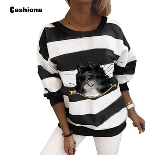 Cashiona Plus size Women T-shirt Patchwork Stripe Cat Print Round Neck Loose Womens Top 2021 Spring Autumn Tees shirt Femme 4XL