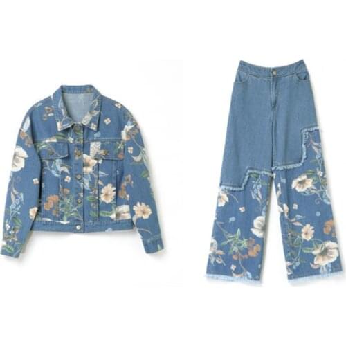 Spring Autumn Womens Clothing floral print Single-breasted Short Cowboy Denim Jacket + Loose Wide Leg Pants Two Piece Jeans Set