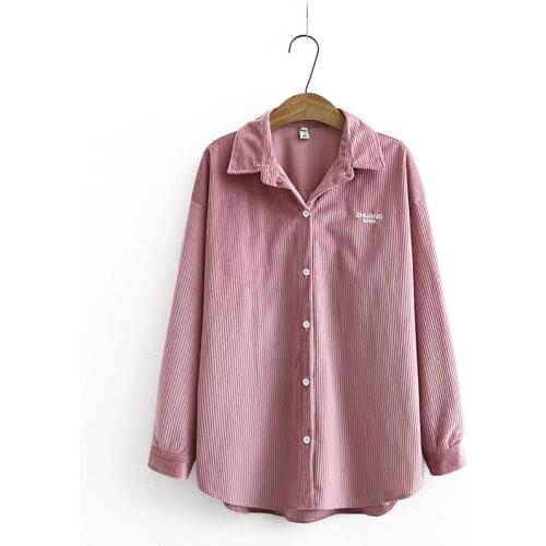 Plus Size Womens Long Sleeved Corduroy Blouse Letter Embroidery Tops Vintage Solid A-line Muslim Blusas
