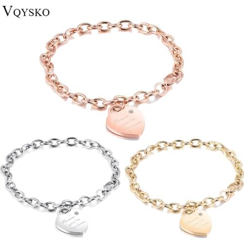 Women Handmade Bracelets Stainless Steel Jewelry Heart Engrave Rolo Cable Charm Bracelet With Crystal Best Gift Design Joyas de