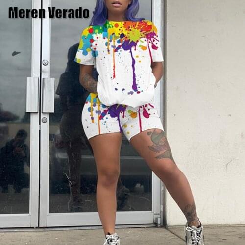 Meren Verado 2021 Splash ink Graffiti Two Piece Set Short Sleeve T-shirt and Shorts Matching Women Set Tracksuit Active Outfits