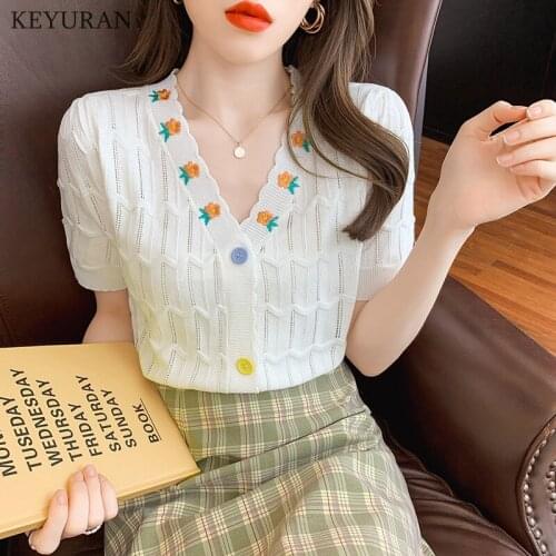 2021 Summer New V-Neck Thin Sweater Womens Cardigan Ice Silk Short-Sleeved Floral Embroidery Hollow Out Knitted Tops