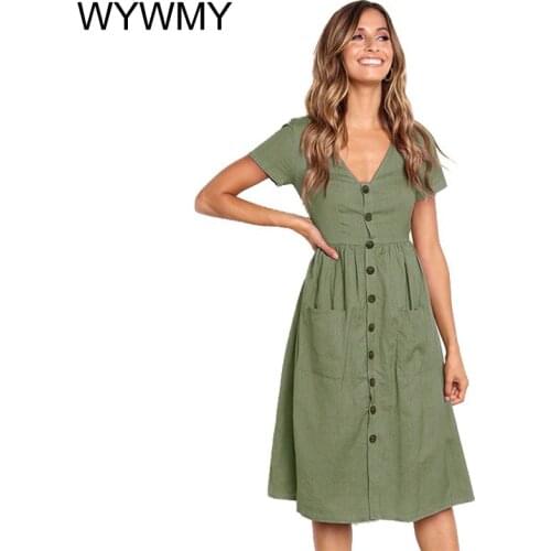 WYWMY Cotton Women Summer Dress 2021 Casual V-neck Button Pocket Short Sleeve Midi Dresses For Women Elegant Vestidos Plus Size