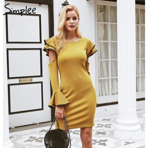 Simplee Sexy cold shoulder ruffles knitted women dress Elegant o neck flare sleeve dress Autumn winter slim dress streetwear