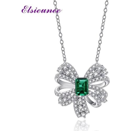 ELSIEUNEE Vintage 100% 925 Sterling Silver Bowknot Emerald Gemstone Pendant Necklaces Women Luxury Fine Jewelry wholesale gift