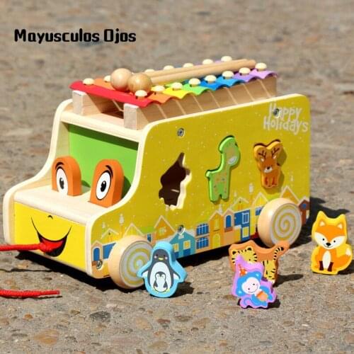 1Set Cartoon Wooden Trailer Geometric Shape Pair Music Knock On Piano Pair Trailer Blocks Educational Toys
