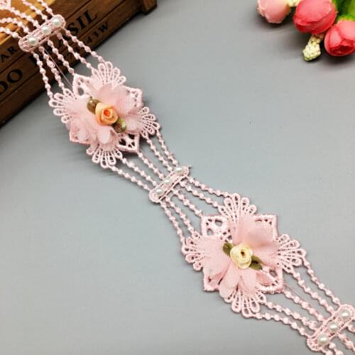 1 yard 4.8cm Pink 3D Flower Pearl Beaded Lace Trim Ribbon Fabric Embroidered Applique Patchwork Handmade Wedding Sewing Craft