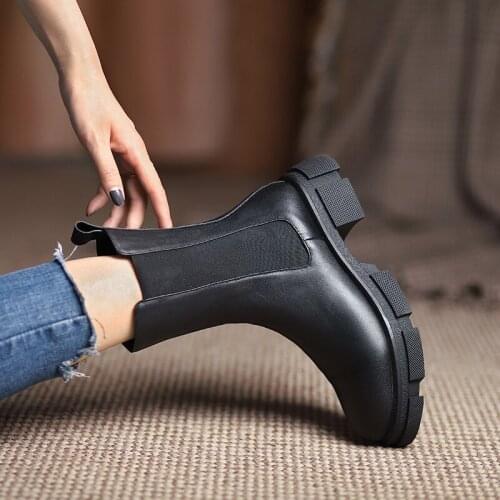 2021 New Winter Women Boots Brock Retro Genuine Leather Round Toe Low Heel Shoes Women Ankle Boots Chelsea zapatos de mujer