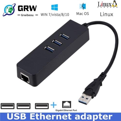 USB Gigabit Ethernet Adapter 3 Ports USB 3.0 HUB USB to Rj45 Lan Network Card for Macbook Mac Desktop + Micro USB Charger Cable
