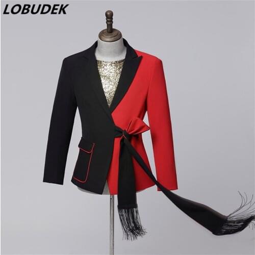 Bar Stage Male Stars Singer Casual Blazer Red Black Splicing Design Slim Fit Suit Jackets Host Performance Costume