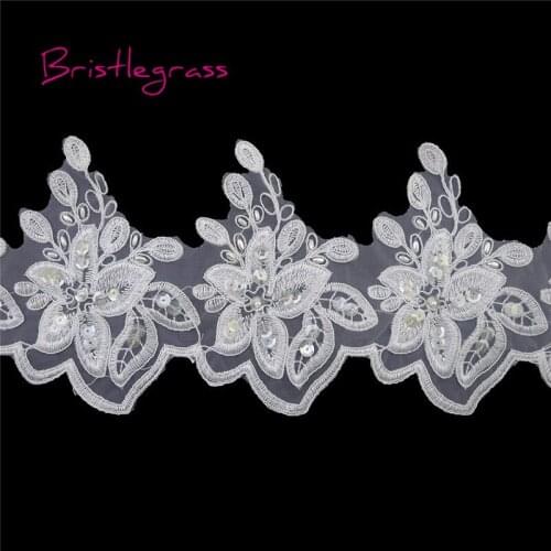 BRISTLEGRASS 1 Yard White Sequined Pearl Beaded Embroidered Lily Flower Tulle Mesh Lace Trim Applique Patch Bridal Wedding Dress
