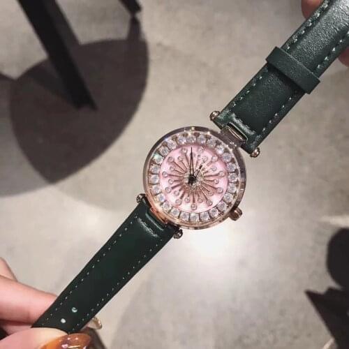 Sexual Cold Color Green Leather Strap Watches for Women Crystal Flower Spinning Watch GOOD LUCK Rotating Quartz Watch Waterproof