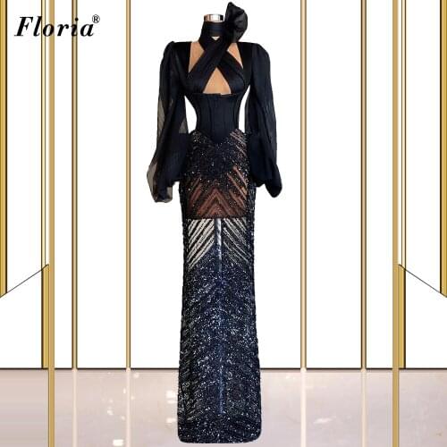 Dubai Black Long Prom Dresses Beads Illusion Evening Dresses Sexy Arabic Celebrity Dresses Party Turkish Couture Robe Longue