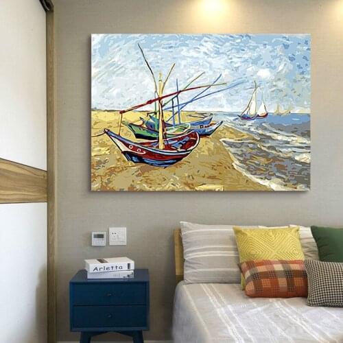 Coloring by numbers Fishing boats on the beach modular painting Vincent Van Gogh digital picture by numbers ocean