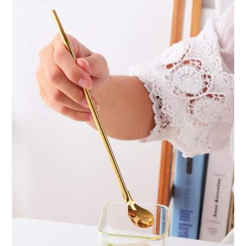 KITPIPI Long Handle Drinking Straw Spoon Spoon Tableware Ice Kitchen Supplies Teaspoons Dessert Coffee Steel Crea C9E7