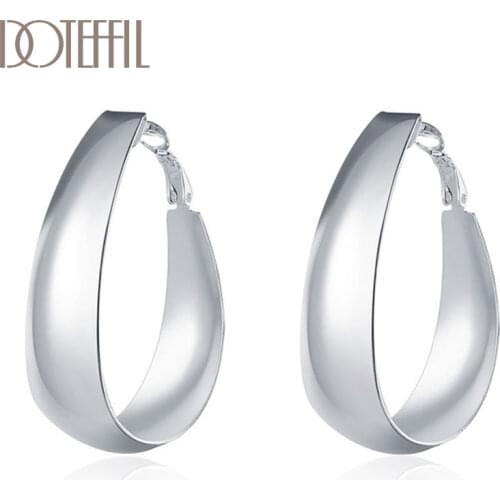 DOTEFFIL 925 Sterling Silver Round Smooth Egg Noodle Earrings Women Party Gift Fashion Charm Wedding Engagement Jewelry