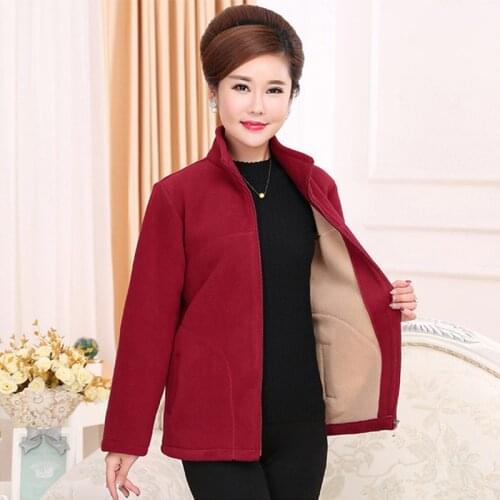 Middle-aged and Elderly Womens Coat 2020 Spring Autumn Fleece Zipper Warm Jacket Outerwear Female Tops Solid Color Plus Size 5