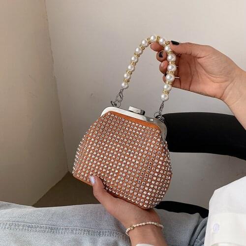 Fashion Mini Pearl Top-handle Bag Ladies Rhinestone Shoulder Bags Buling Rivet Crossbody Bag Chain Women Handbag Buling Shining