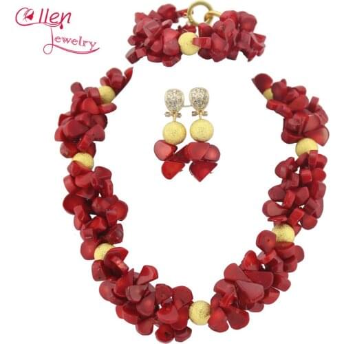 Nigerian Wedding Coral Beads Jewelry Red Coral Jewelry Set Necklace Bracelet Earrings African Beads Jewelry Sets TL1272
