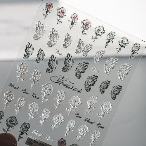 New 5D Engraved Nail Sticker Black White Color Flower Butterfly Shape Charm Desgin Empaistic Nail Slide Decals Z0377-1