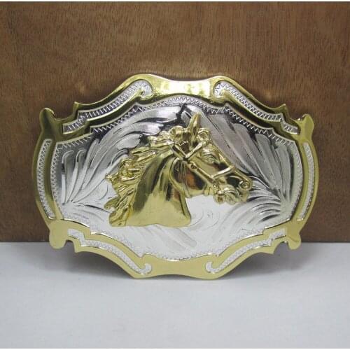 BuckleClub wholesale western horse head cowboy gift belt buckle FP-03535 gold with silver FINISH for men 4cm width loop