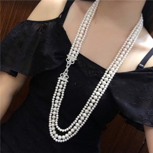 Natural 3rows 6-7mm 8-9mm white freshwater pearl temperament micro inlay zircon Crown clasp necklace fashion jewelry