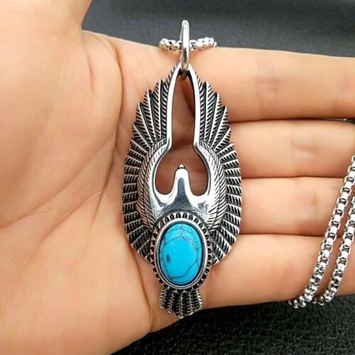 Punk Ancient Titanium Steel Animal Eagle Wing Pendant Turquoises Hawk Pendants Necklaces for Men Biker Vintage Jewelry