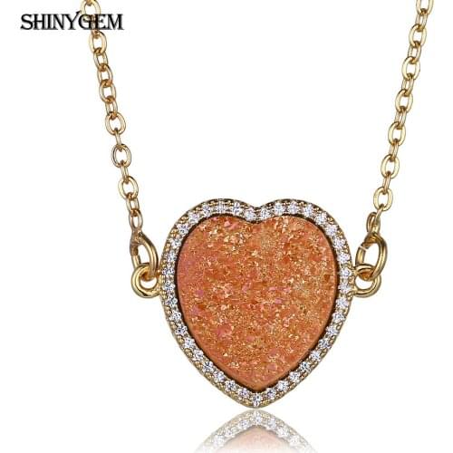 ShinyGem Classic Love Heart Pendant Necklace Sparkling Druzy Natural Stone Necklace Pave CZ Golden Big Heart Necklaces For Women