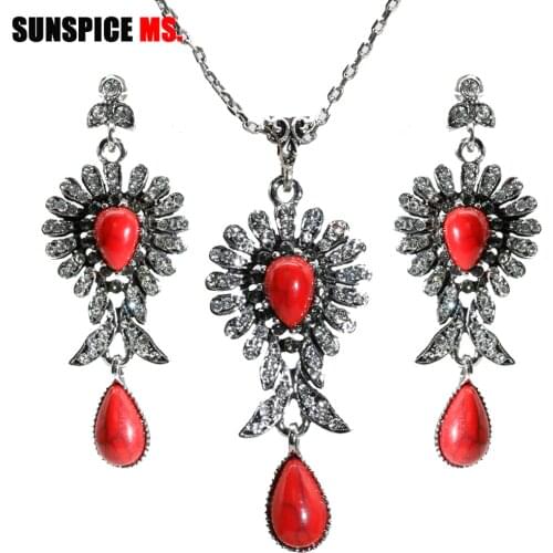 SUNSPICE MS Moroccan Traditional Rhinestones Earring Necklace Sets For Women Flower Wedding Jewery Turkish Festival Gifts