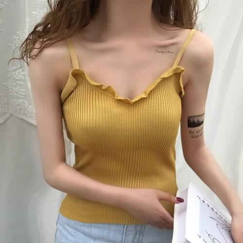 Knitted Cami Summer New Solid Color Tank Tops Beach Vacation Sexy Sling Vest Sweet Ruffles Camisole