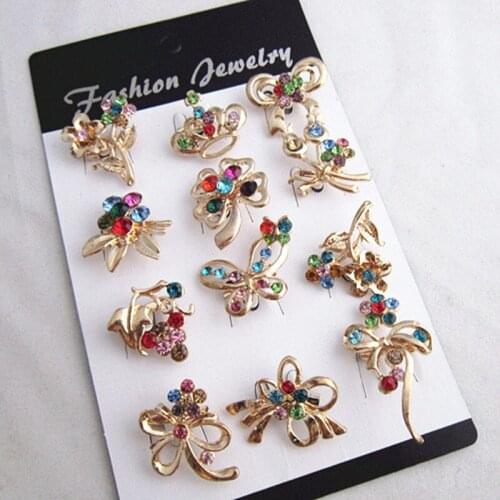 High Quality(24pcs/lot)Free Shipping Gold Color Mixed Color Crystal Different Small Brooches